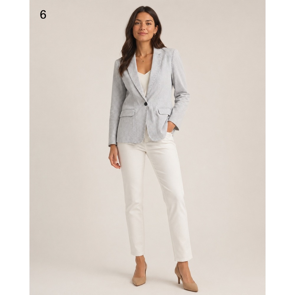 ALICE HOPE Nautical Blazer Jacket Womens Medium White Blue Stripe Pockets Lined